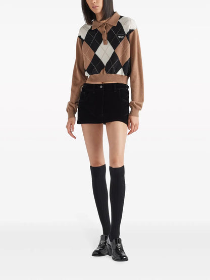 Argyle-Intarsia Cashmere Polo Top