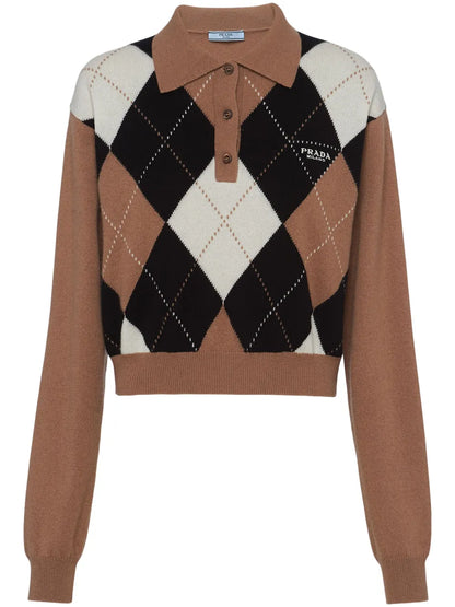 Argyle-Intarsia Cashmere Polo Top
