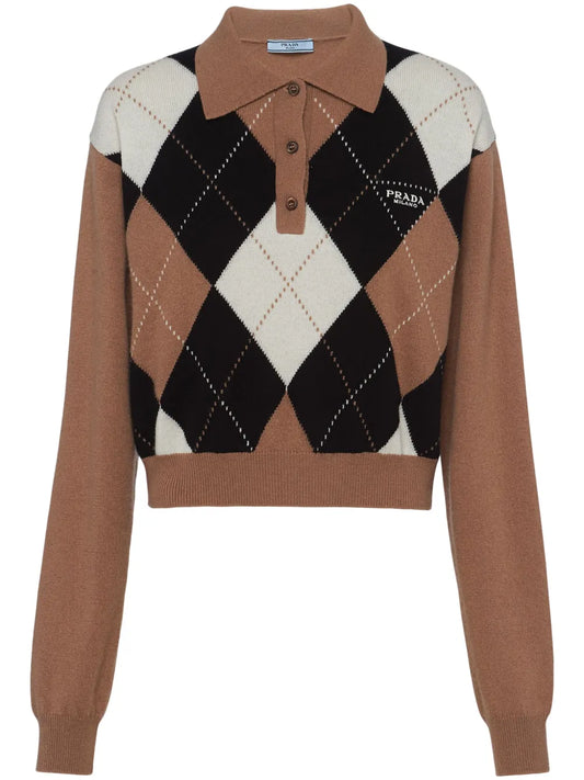 Argyle-Intarsia Cashmere Polo Top