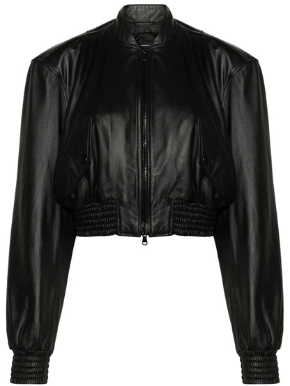 Cropped Leather Bomber Jacket