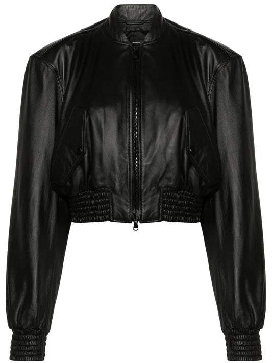 Cropped Leather Bomber Jacket