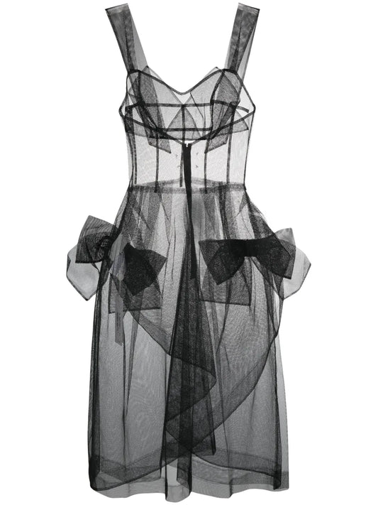 Bow-Appliqué Tulle Midi Dress