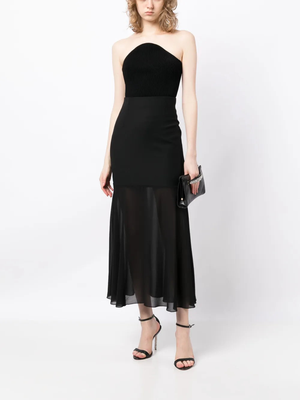 Sheer-Panel Wool Midi Skirt