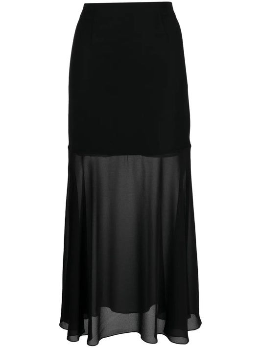 Sheer-Panel Wool Midi Skirt