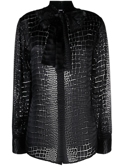 Croc-Effect Scarf-Tie Blouse