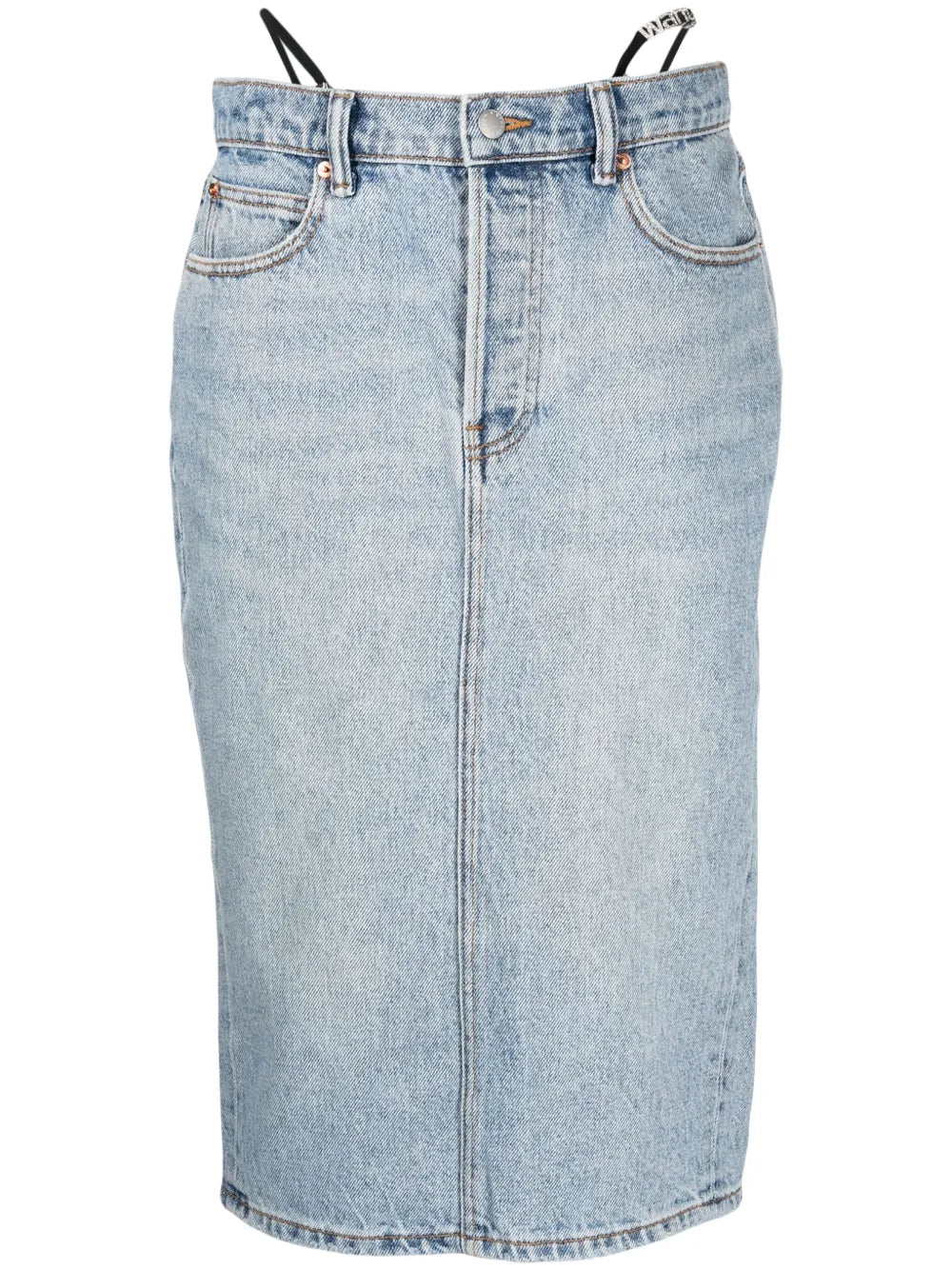 Thong-Strap Denim Midi Skirt