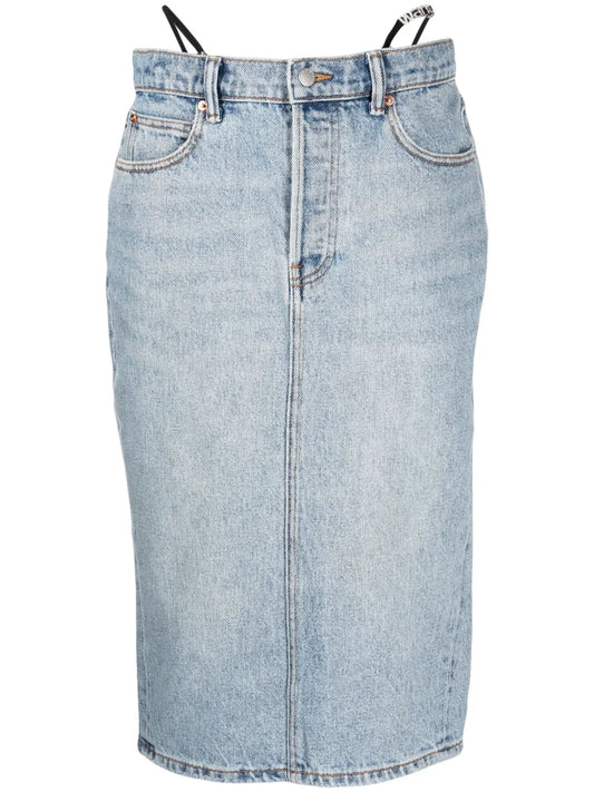 Thong-Strap Denim Midi Skirt