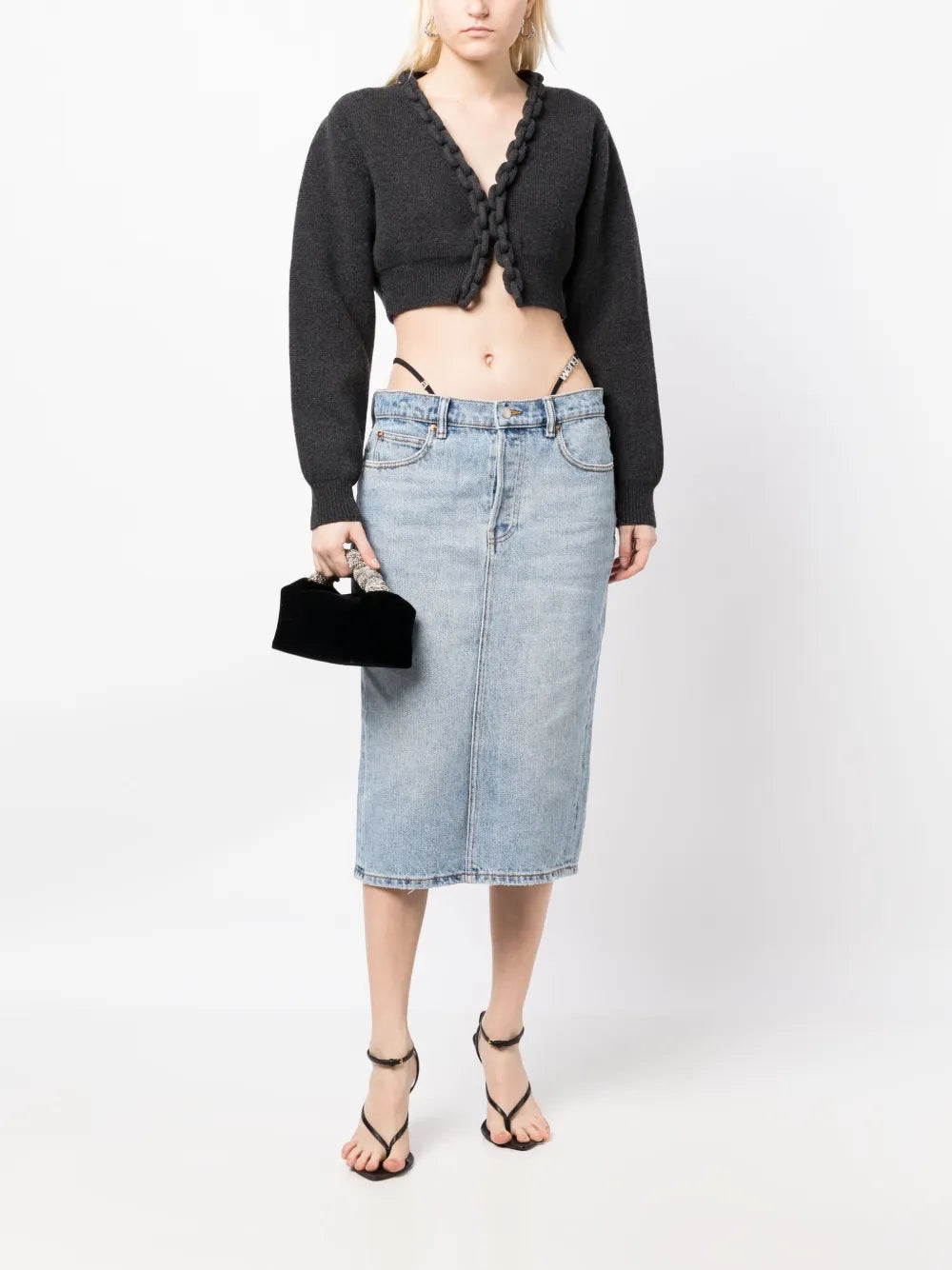 Thong-Strap Denim Midi Skirt