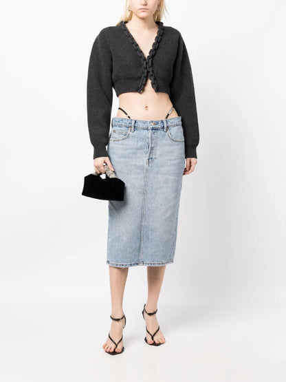 Thong-Strap Denim Midi Skirt