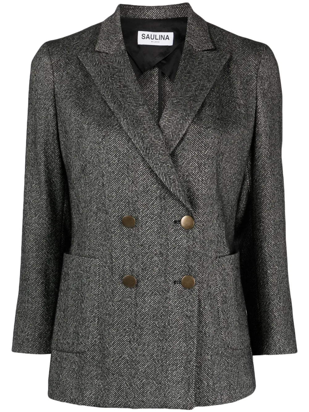 Double-Breasted Herringbone-Pattern Blazer