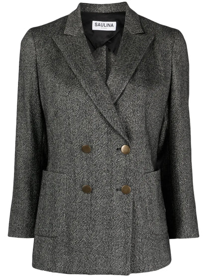 Double-Breasted Herringbone-Pattern Blazer
