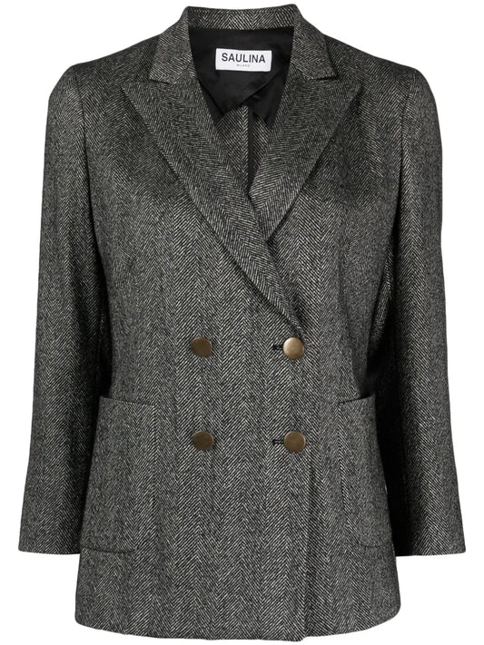 Double-Breasted Herringbone-Pattern Blazer