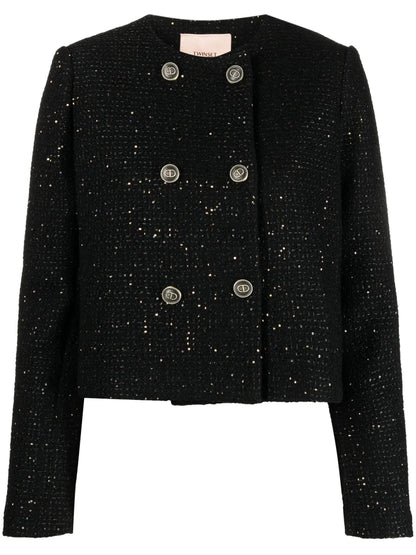 Double-Breasted Paillette Cropped Jacket