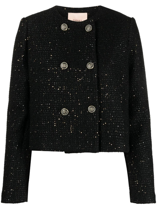 Double-Breasted Paillette Cropped Jacket