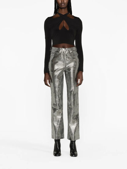 Striped Straight-Leg Leather Trousers