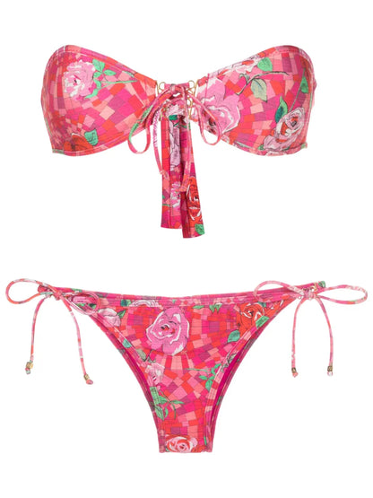 Geometric Floral-Print Strapless Bikini