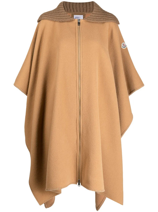 Ribbed-Collar Wool Cape Coat