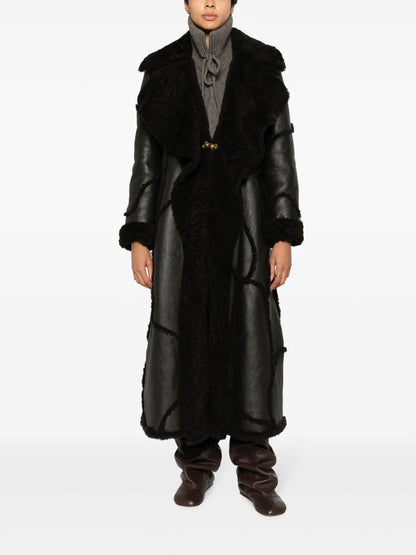 Shearling-Trim Leather Coat