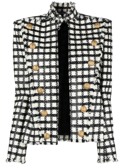 Button-Embellished Checked Jacket