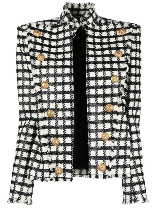 Button-Embellished Checked Jacket