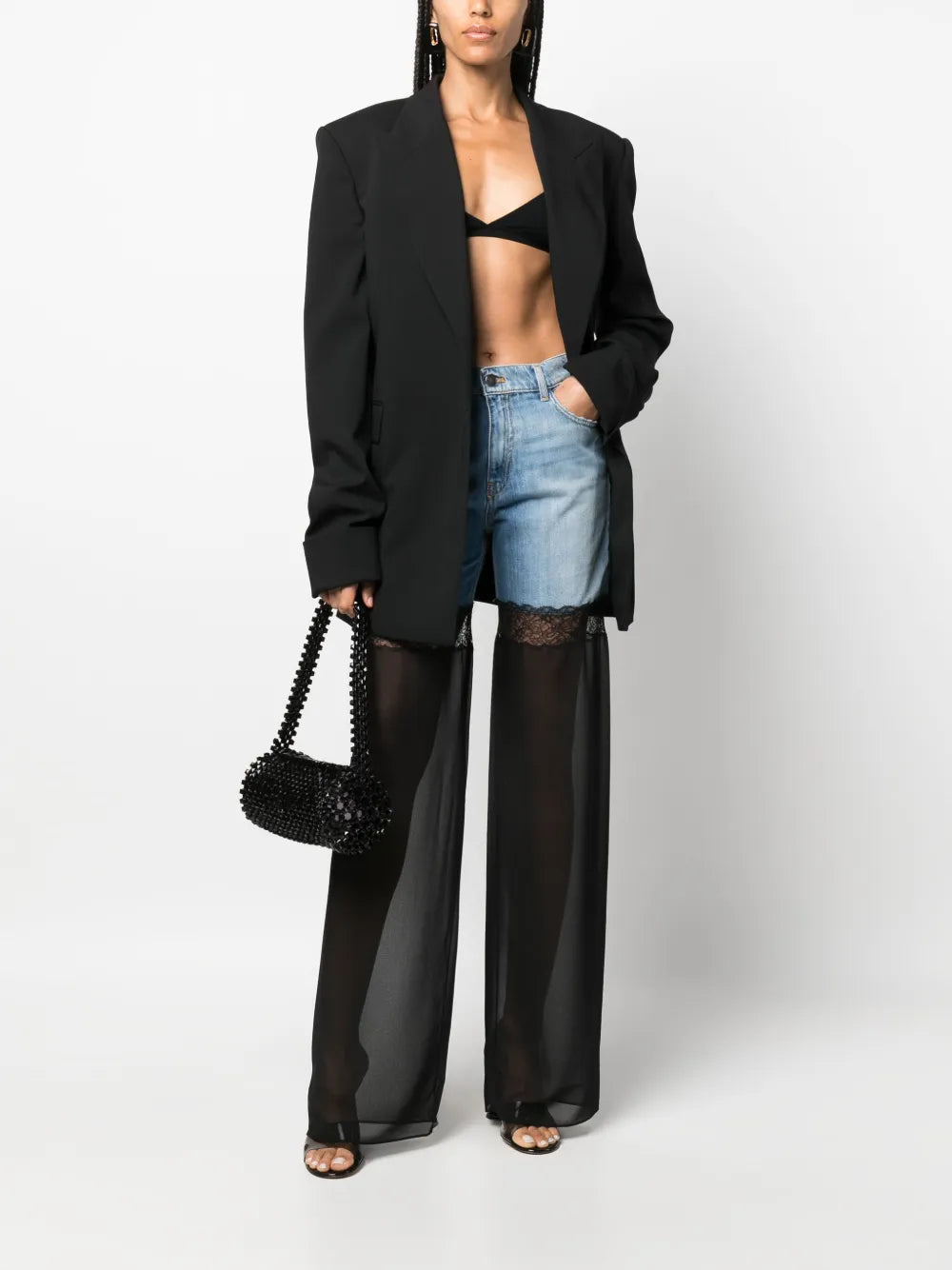Tulle-Panel Straight-Leg Jeans