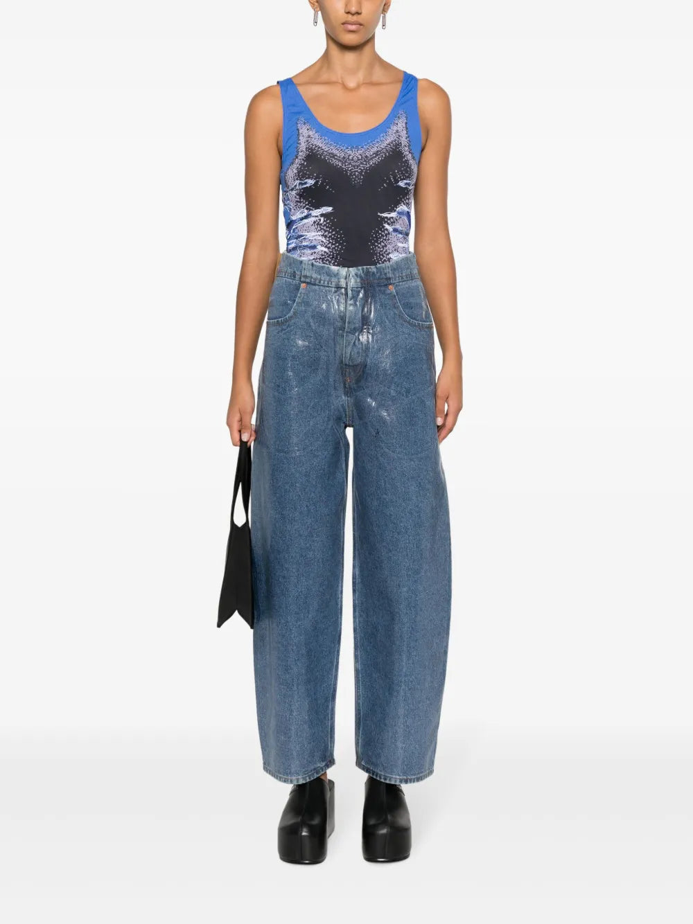 Glossy-Finish Wide-Leg Jeans