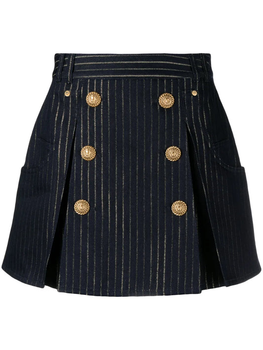 Button-Embellished Striped Miniskirt