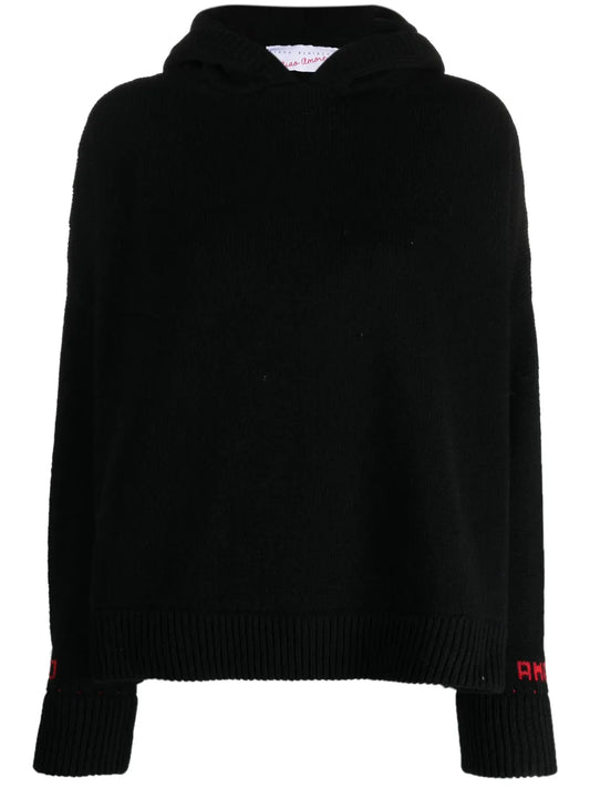 Slogan-Embroidered Knitted Hoodie