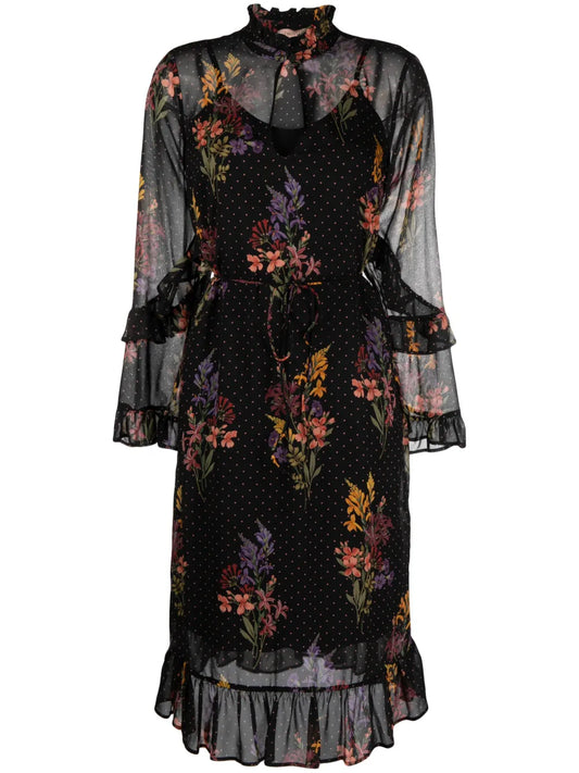 Double-Layer Floral-Print Midi Dress