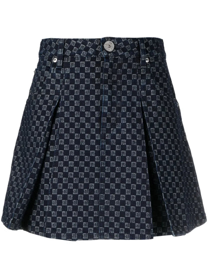 Pleated Monogram-Jacquard Denim Miniskirt