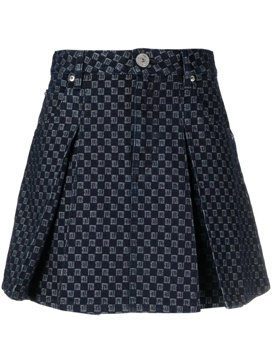 Pleated Monogram-Jacquard Denim Miniskirt