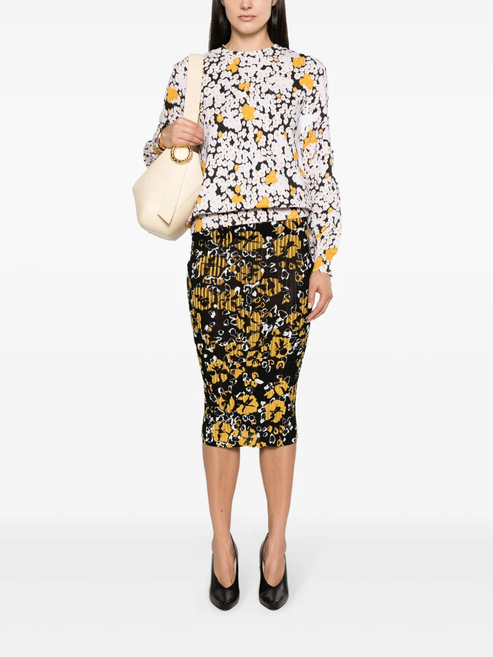 Floral-Pattern Ribbed-Knit Midi Skirt