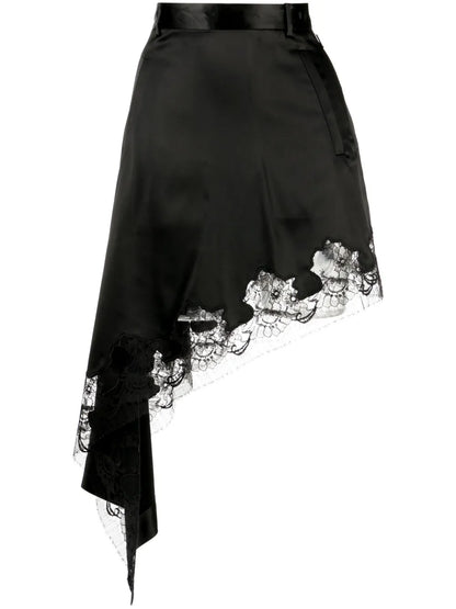 Lace-Trim Asymmetric Midi Skirt