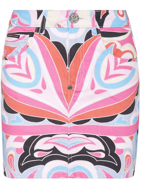 Colorful Circus-Print Denim Mini Skirt