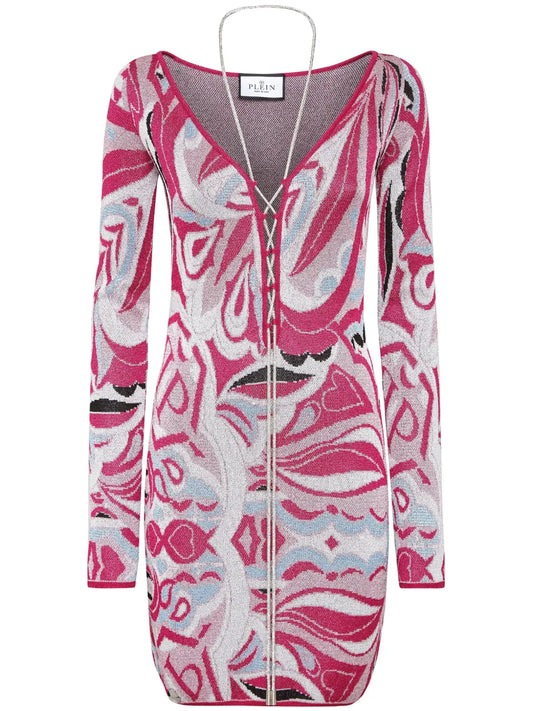 Intarsia-Knit Crystal-Stripe Minidress