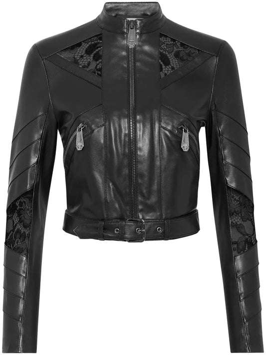 Lace-Embellished Leather Jacket