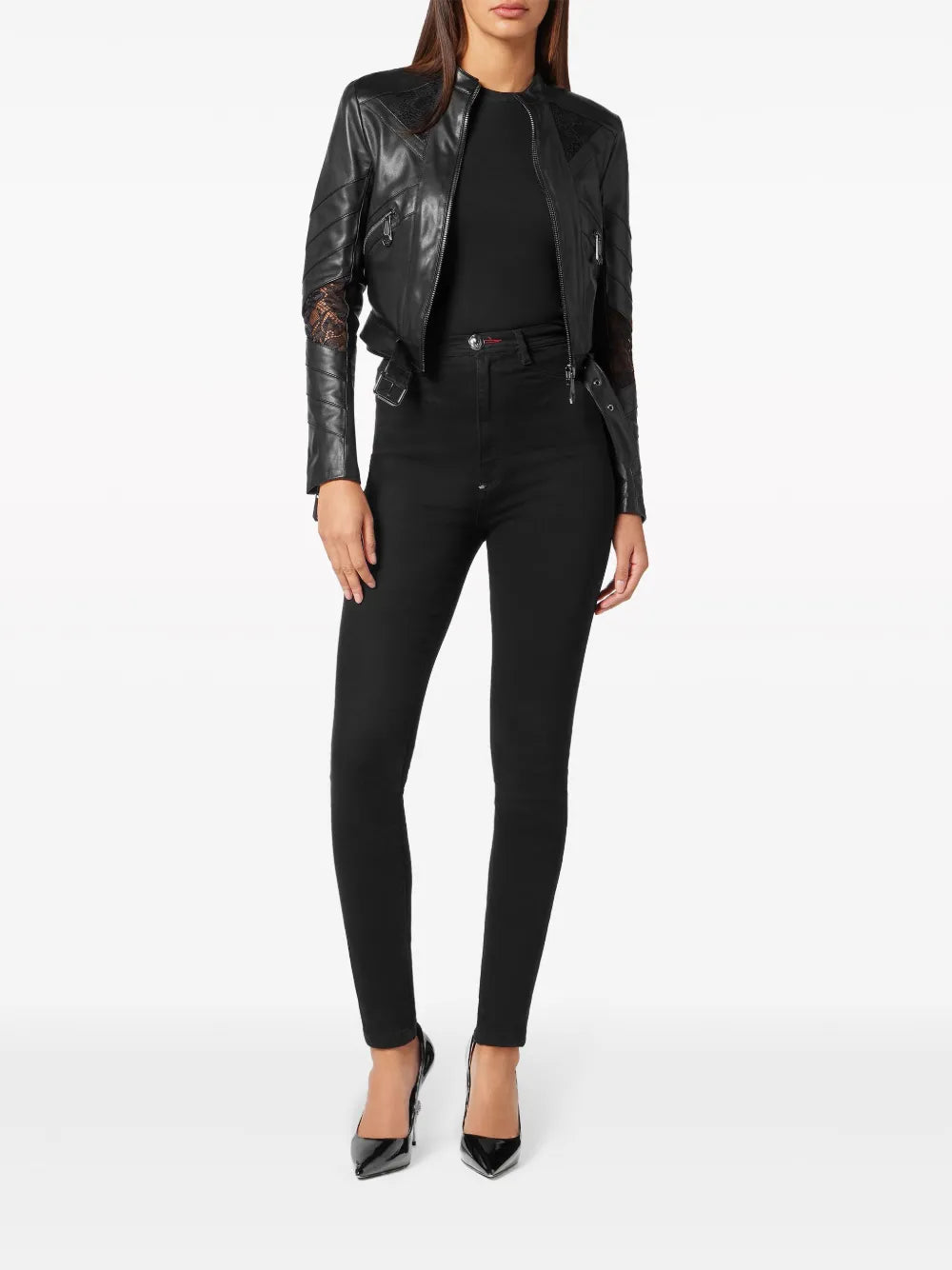 Lace-Embellished Leather Jacket