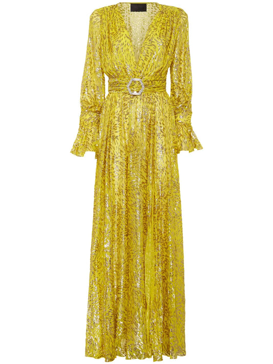 Metallic-Threading Front-Slit Maxi Dress