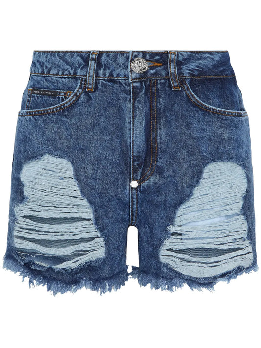 Mid-Rise Ripped Denim Shorts