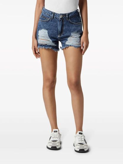 Mid-Rise Ripped Denim Shorts