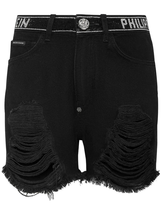Crystal-Embellished Raw-Cut Denim Shorts