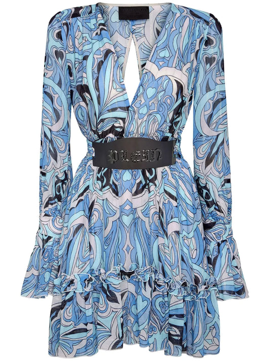 Graphic-Print Long-Sleeved Minidress