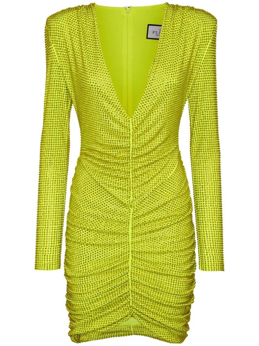 Rhinestone-Embellished Ruched Mini Dress