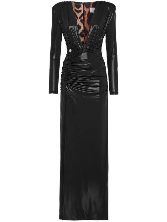 Ruched Lamé-Effect Maxi Dress