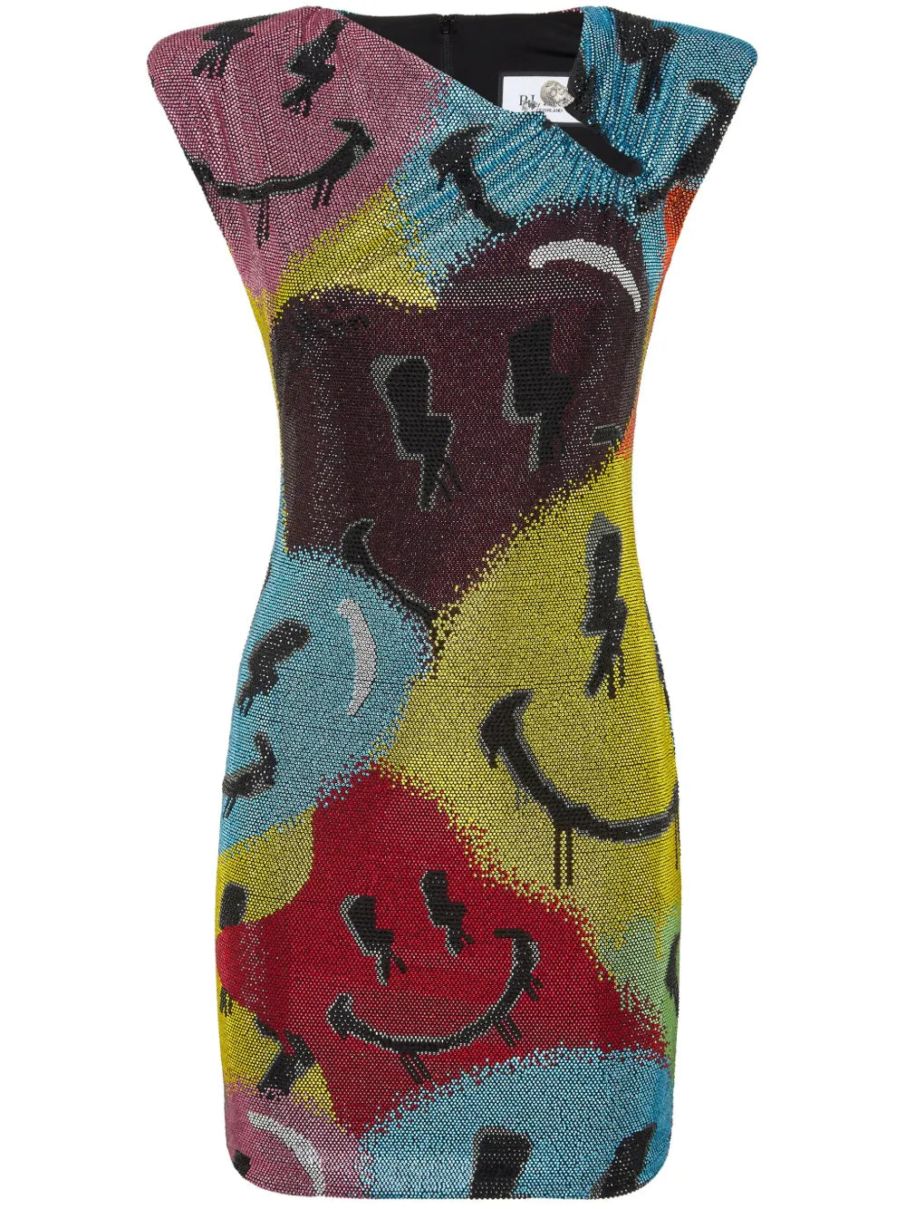 Crystal Smile Padded-Shoulder Mini Dress