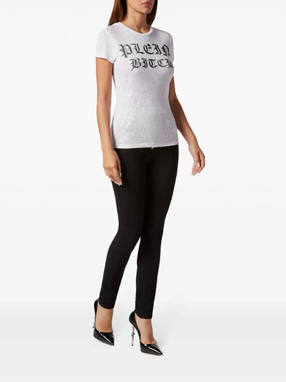Sexy Pure Gothic Plein Crystals-Embellishment Burn Out T-Shirt