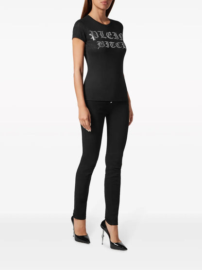 Sexy Pure Gothic Plein Crystals-Embellishment Burn Out T-Shirt