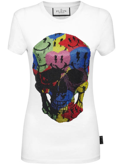Skull-Print Rhinestones-Embellishment T-Shirt