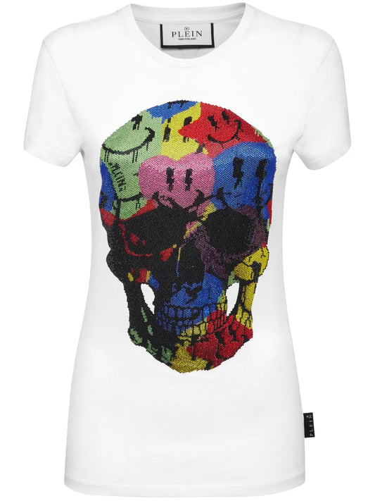 Skull-Print Rhinestones-Embellishment T-Shirt