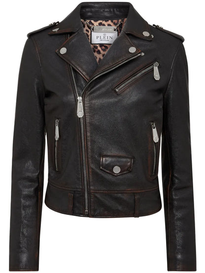 Logo-Patch Leather Biker Jacket